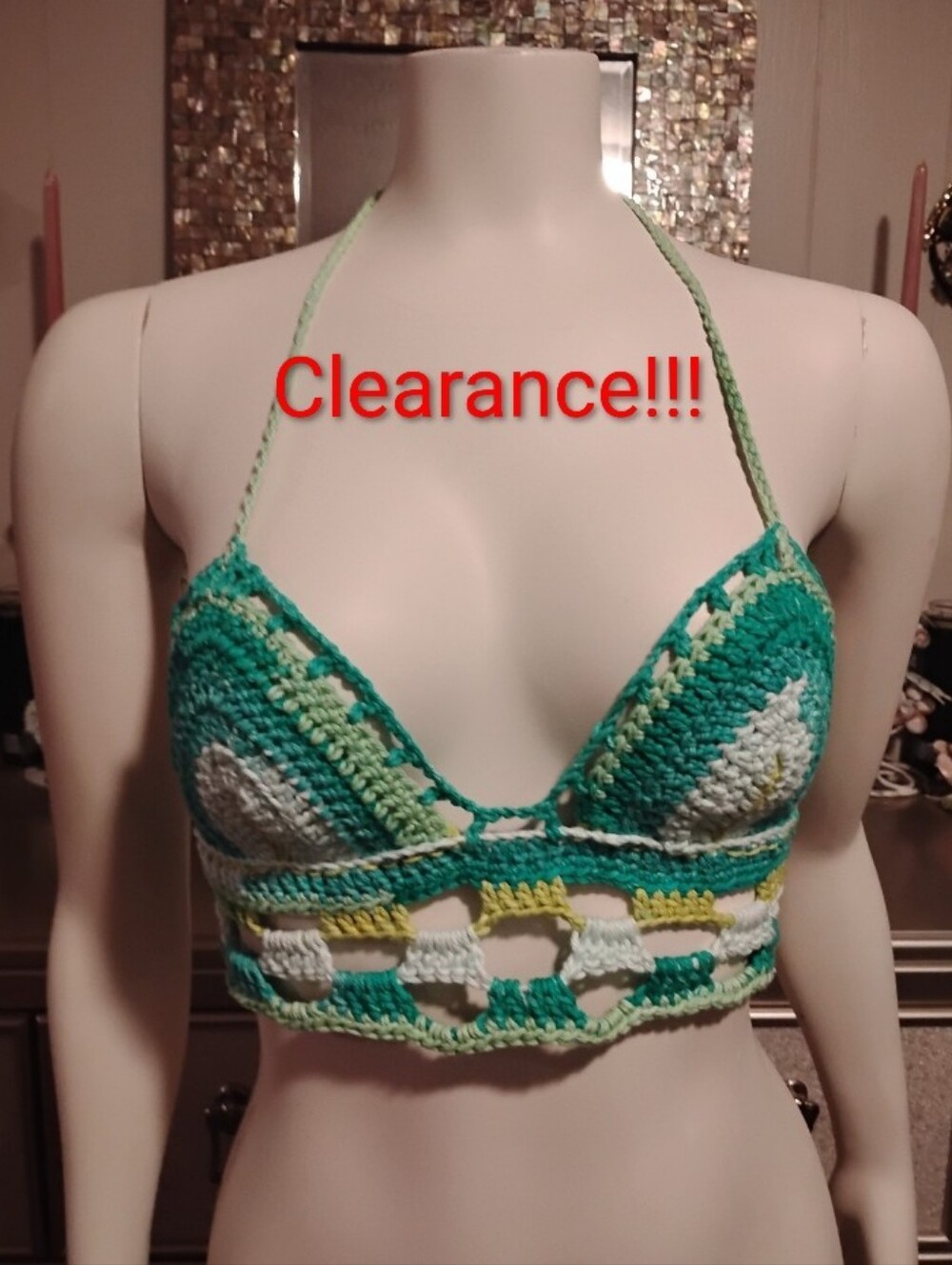 Handmade Crochet Halter Top in Green and Yellow